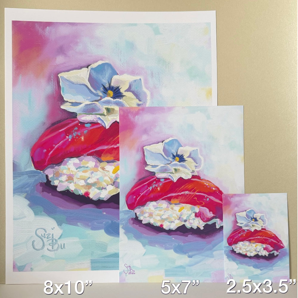 Colorful digital oil painting of tuna nigiri sushi with a flower on a colorful pastel background, shown in three sizes.