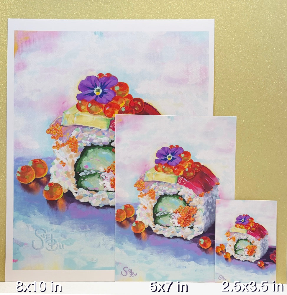 Artistic depiction of sushi with flowers on a watercolor background, shown in three sizes.