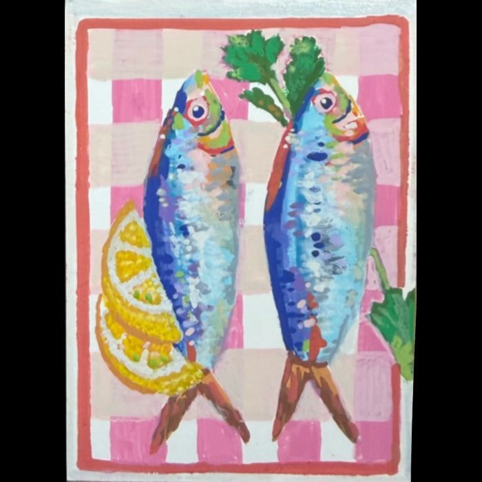 PAINTING of Original Fish Art Acrylic ACEO “Sardines” by Suzanne Burbank aka SuziBu.Sketches