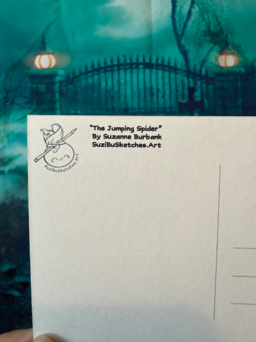 POSTCARD of Halloween Art, Jumping Spider in Pumpkin by Suzanne Burbank aka SuziBu.Sketches