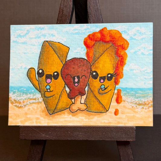 Cartoon-style Filipino lumpia and chicken adobo karaoke singing on the beach. ACEO by Suzanne Burbank | SuziBu.Sketches