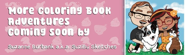 Promotional banner for coloring book adventures by Suzanne Burbank with a cartoon character and dog on a pink background.