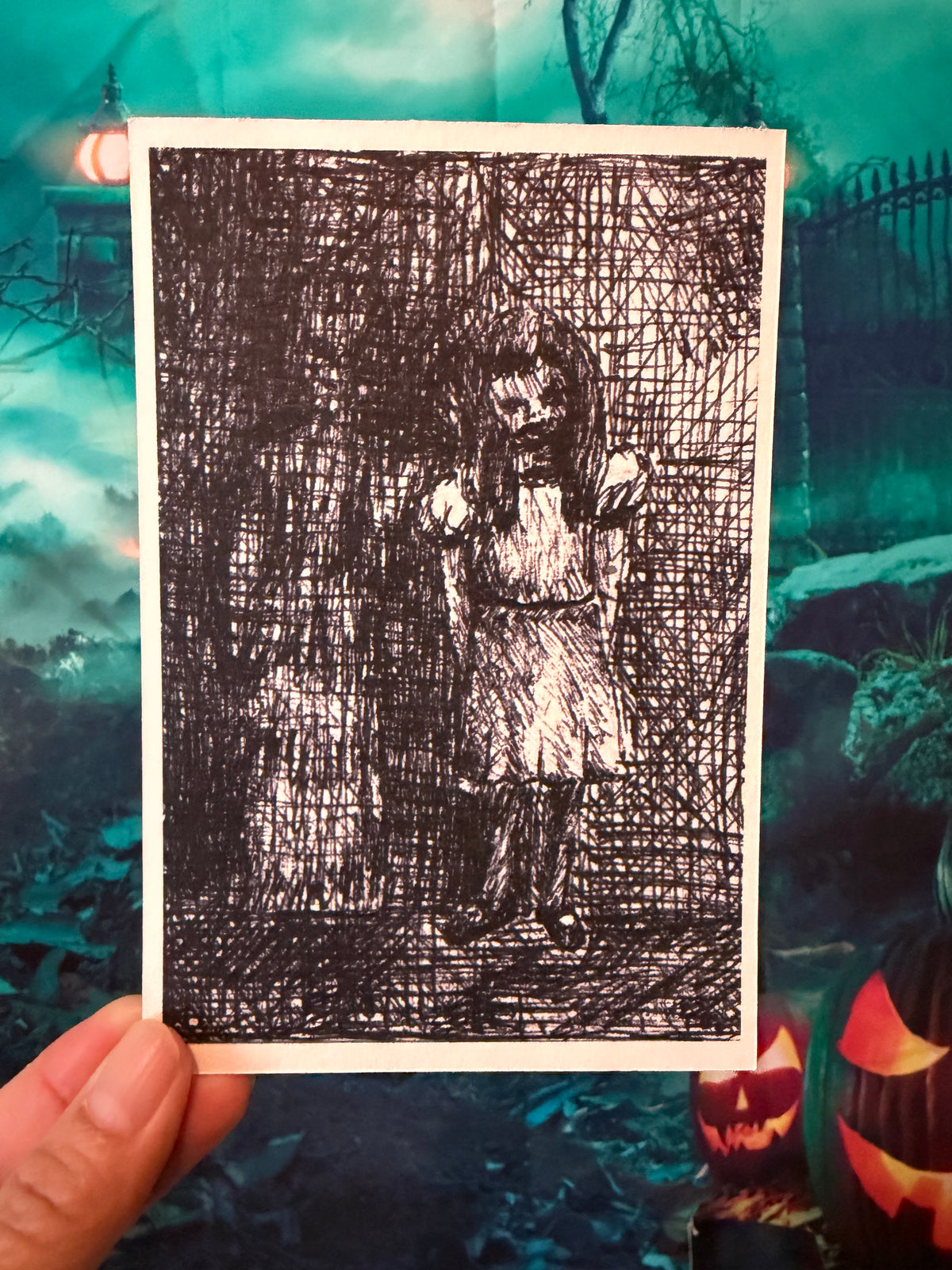 POSTCARD of Creepy Cool Halloween Art, Haunted Child by Suzanne Burbank aka SuziBu.Sketches