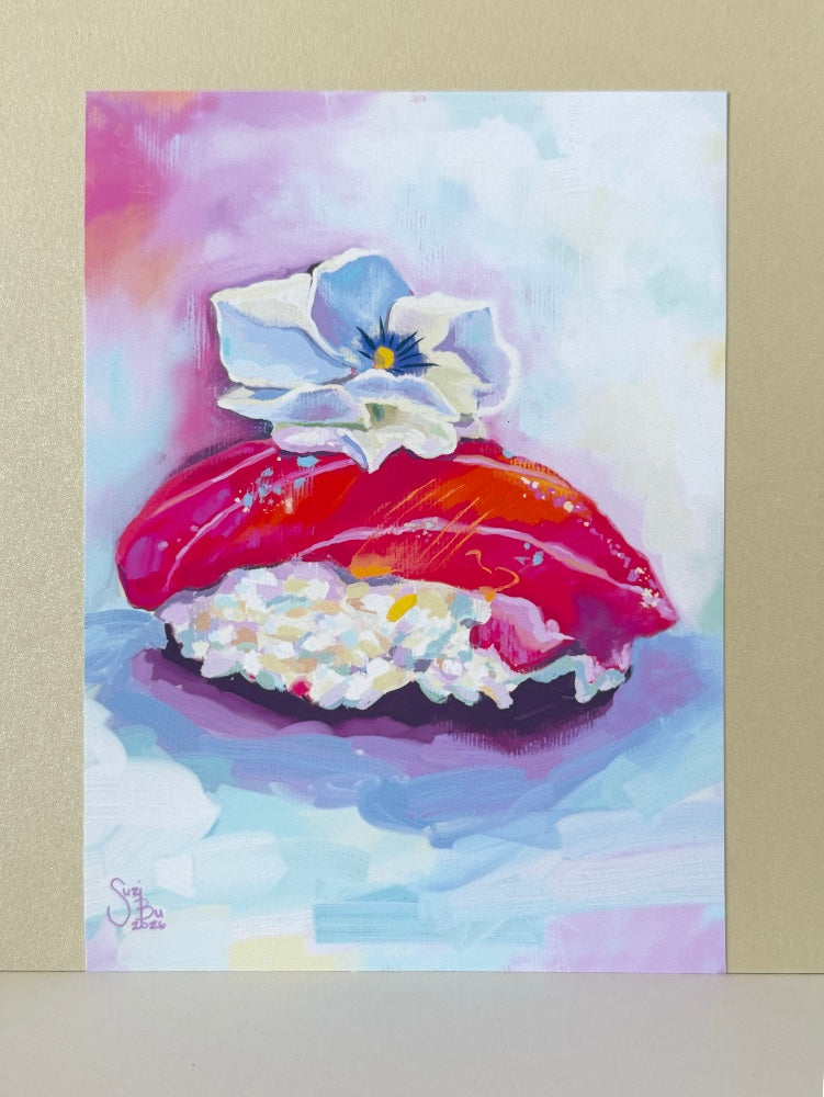 Colorful digital oil painting of tuna nigiri sushi with a flower on a colorful pastel background