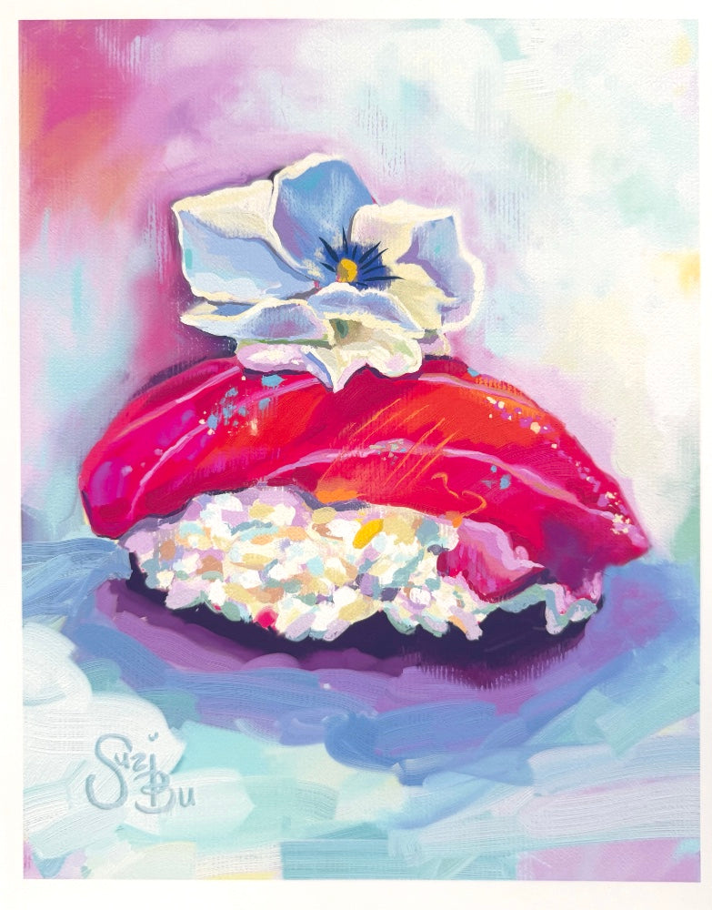 Colorful digital oil painting of tuna nigiri sushi with a flower on a pastel background