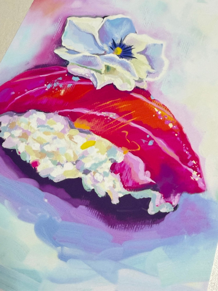 Colorful digital oil painting of tuna nigiri sushi with a flower on a colorful pastel background