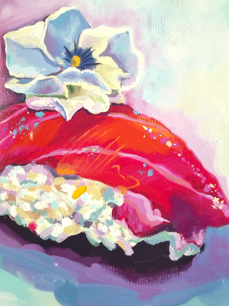 Colorful digital oil painting of tuna nigiri sushi with a flower on a colorful pastel background