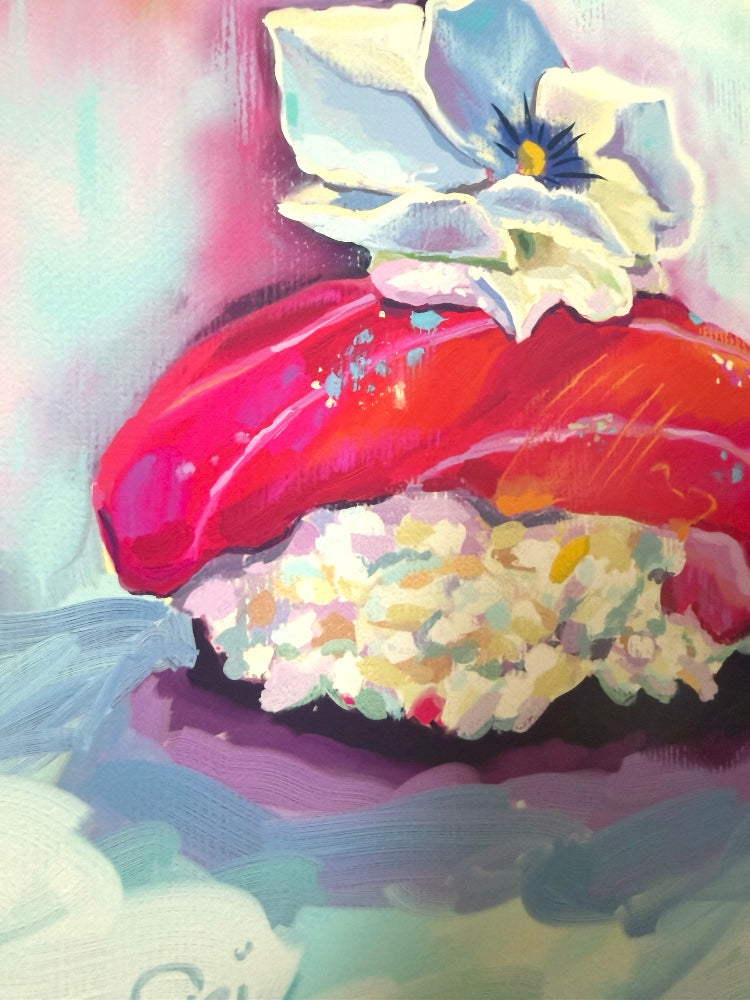 Colorful digital oil painting of tuna nigiri sushi with a flower on a colorful pastel background