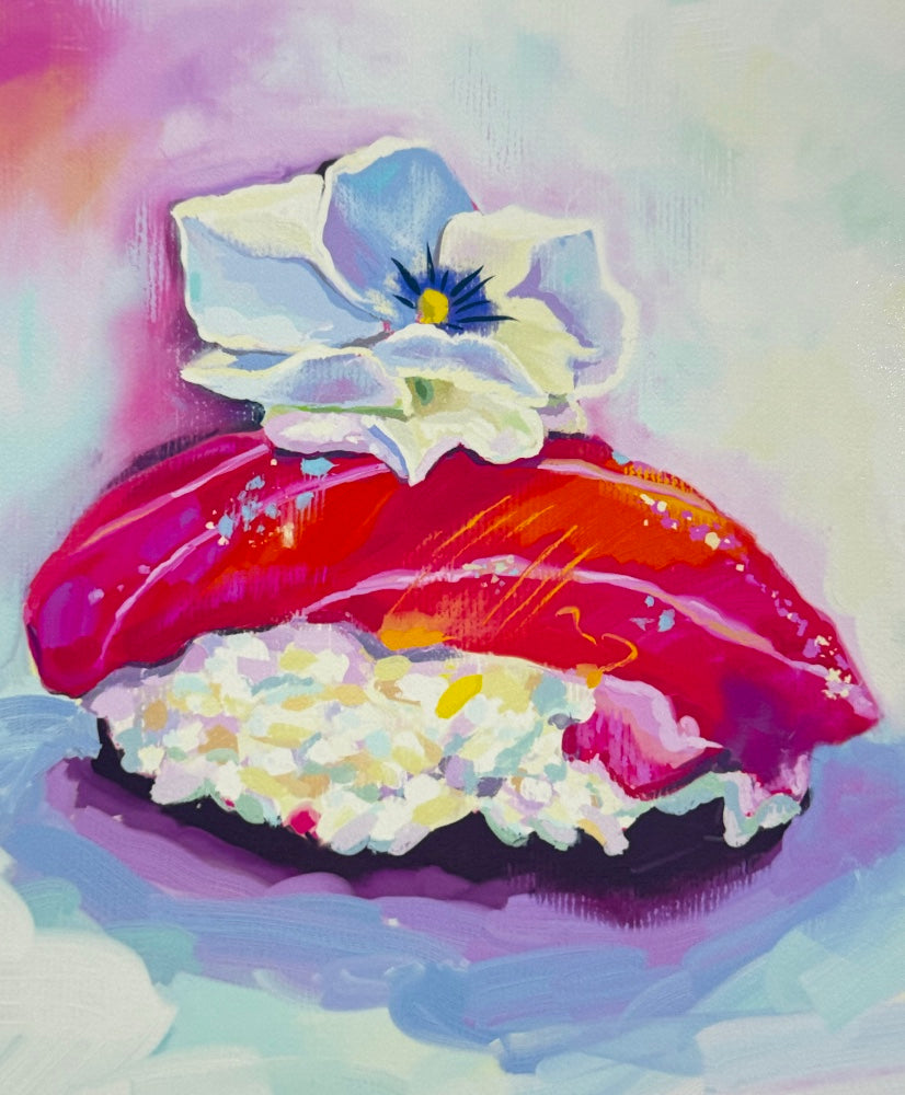 Colorful digital oil painting of tuna nigiri sushi with a flower on a pastel background