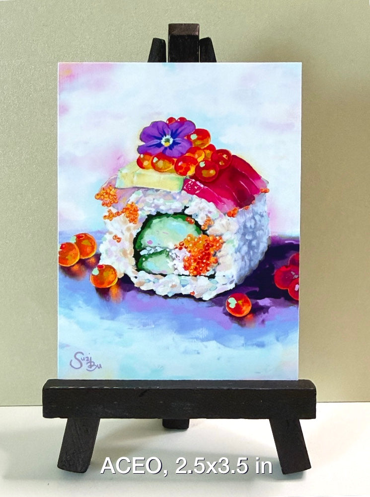 Artistic depiction of sushi with flowers on a small easel
