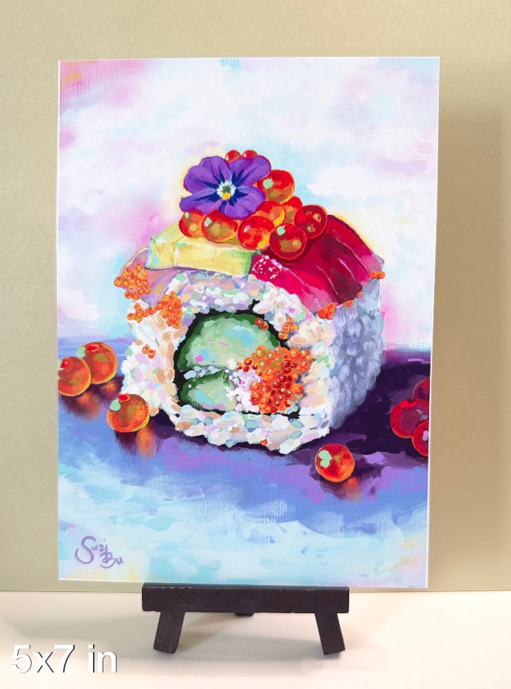 Colorful painting of sushi on a stand with a beige background