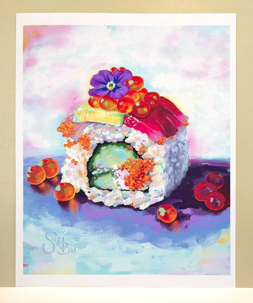 Colorful painting of a sushi roll with flowers on a pastel background