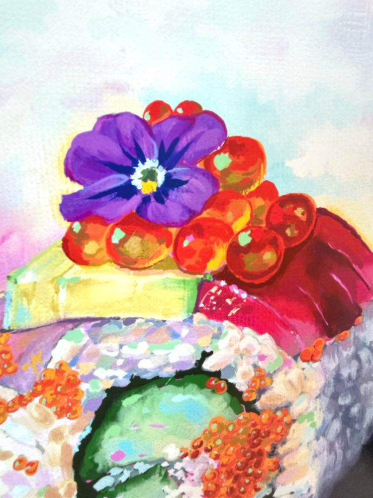 Colorful digital oil painting of a sushi roll with flowers on a light background