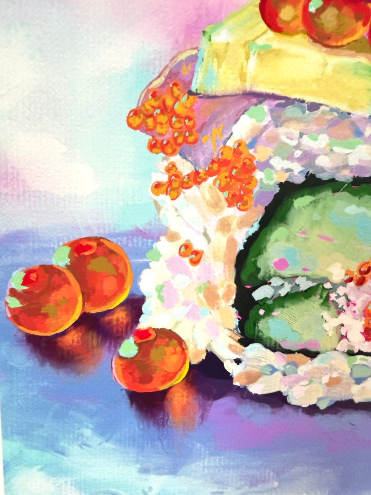 Colorful sushi roll with salmon eggs on a pastel background