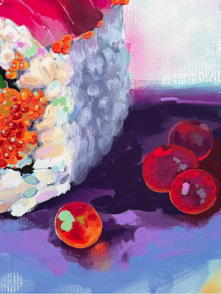 Colorful abstract painting of sushi with red circular shapes, salmon eggs, and a textured background