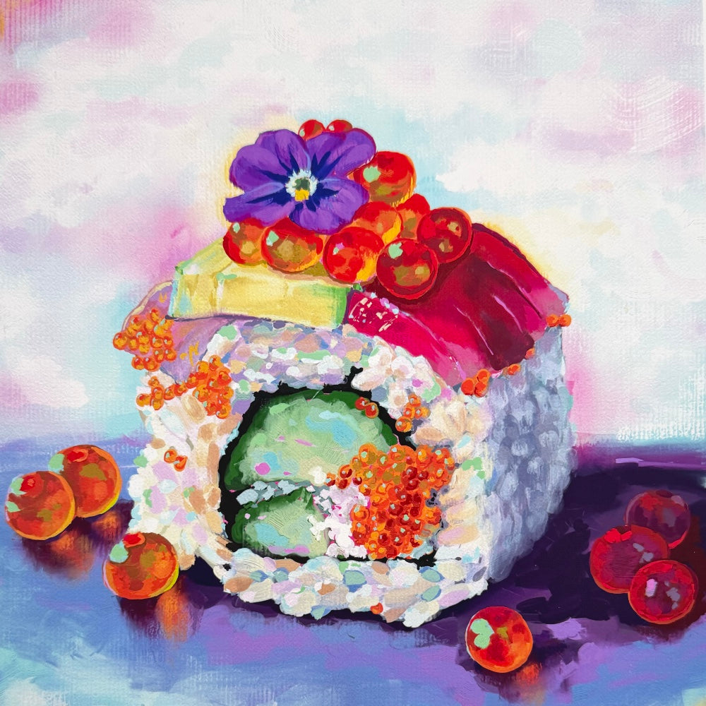 Colorful digital oil painting of a sushi roll with flowers on a colorful pastel background
