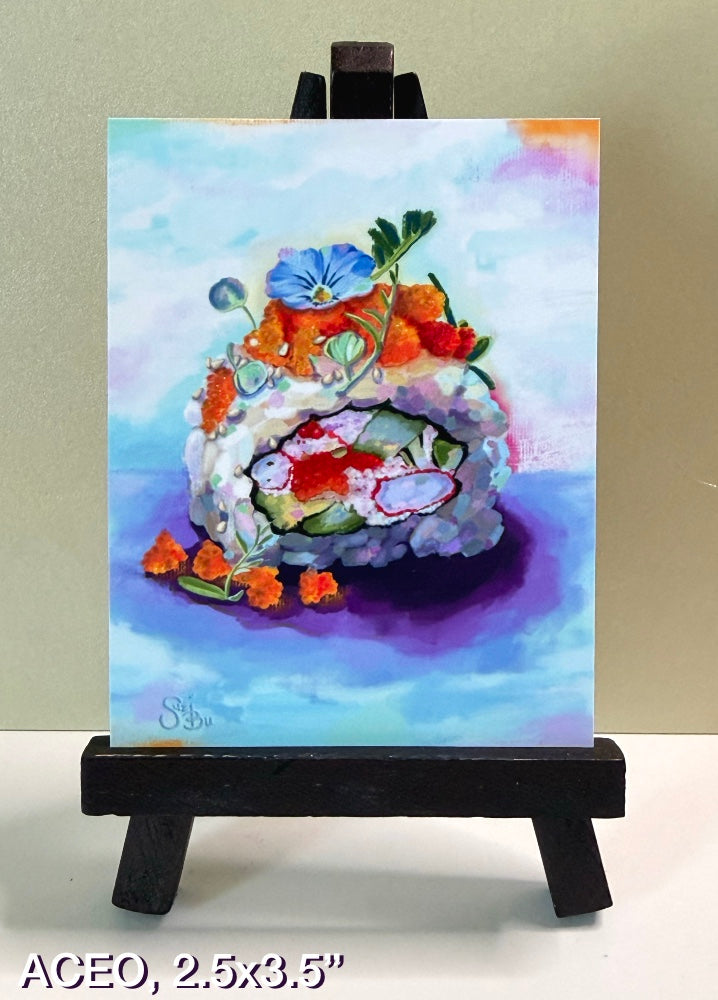 Artistic depiction of sushi with flowers on a small easel. ACEO size.