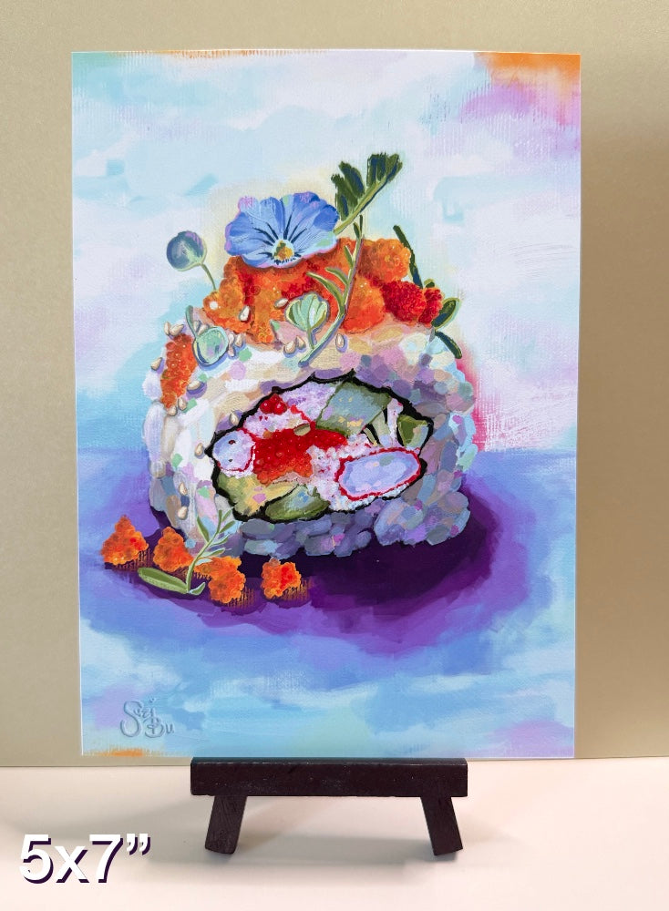 Colorful digital oil painting of sushi with flowers on a small easel