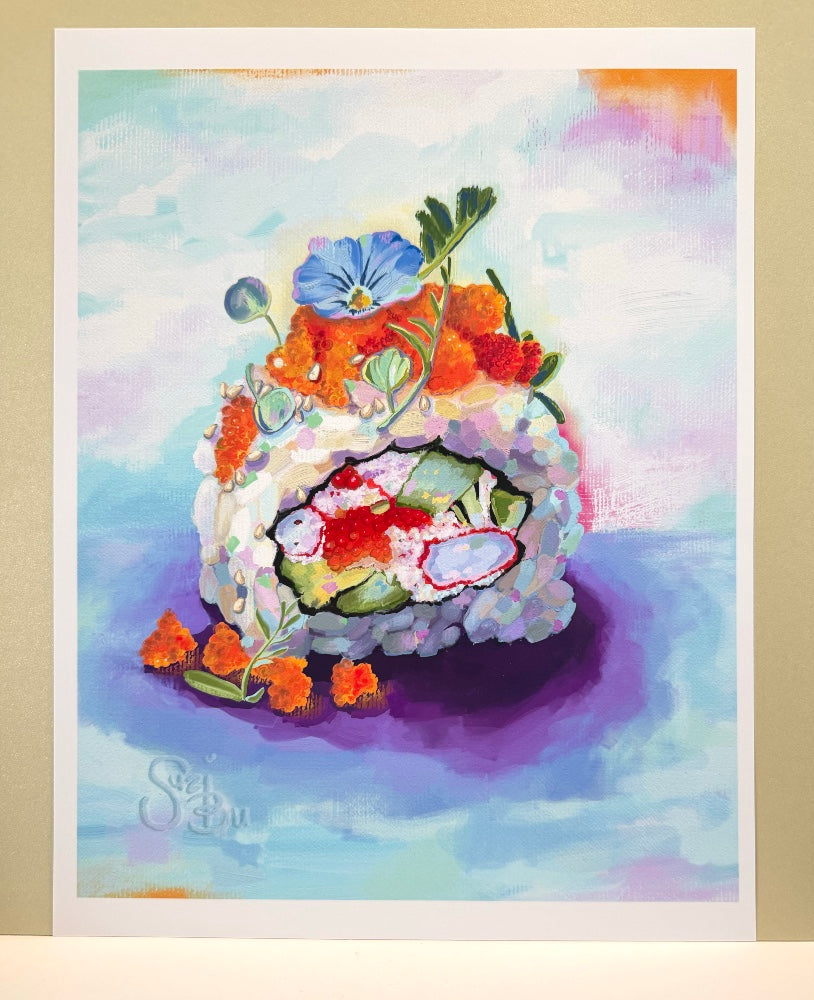 Colorful digital oil painting of a sushi roll with flowers on a colorful pastel background.