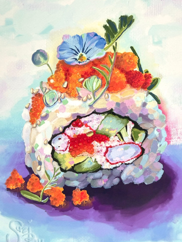 Colorful digital illustration of a sushi roll with various toppings on a light background