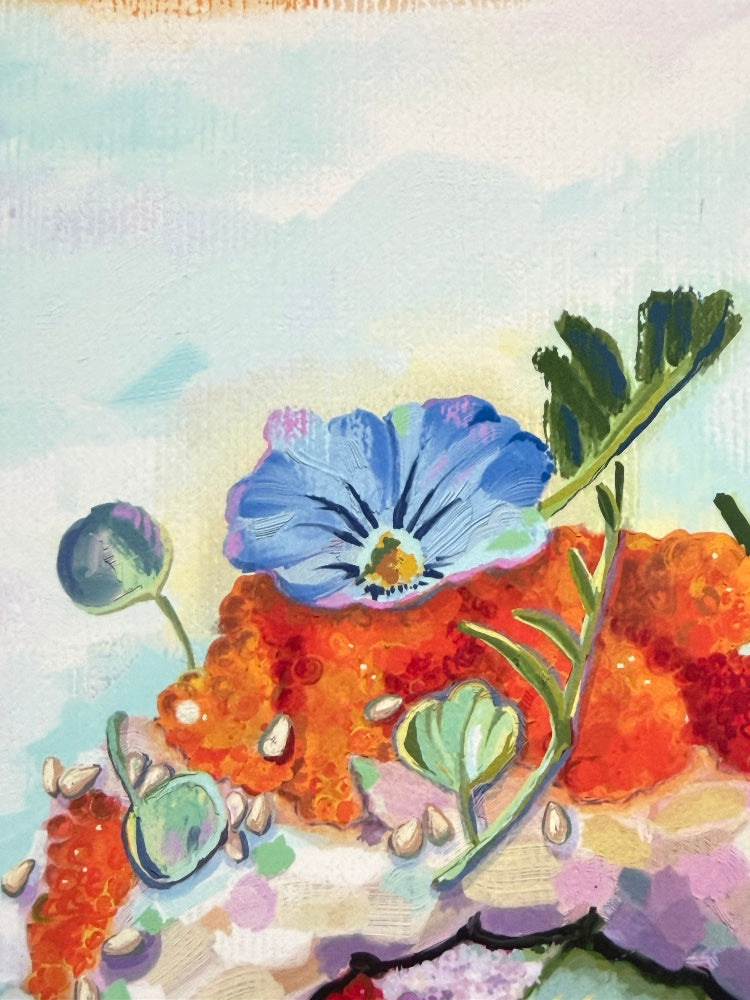 Colorful digital oil painting of a blue flower with green leaves on a textured background