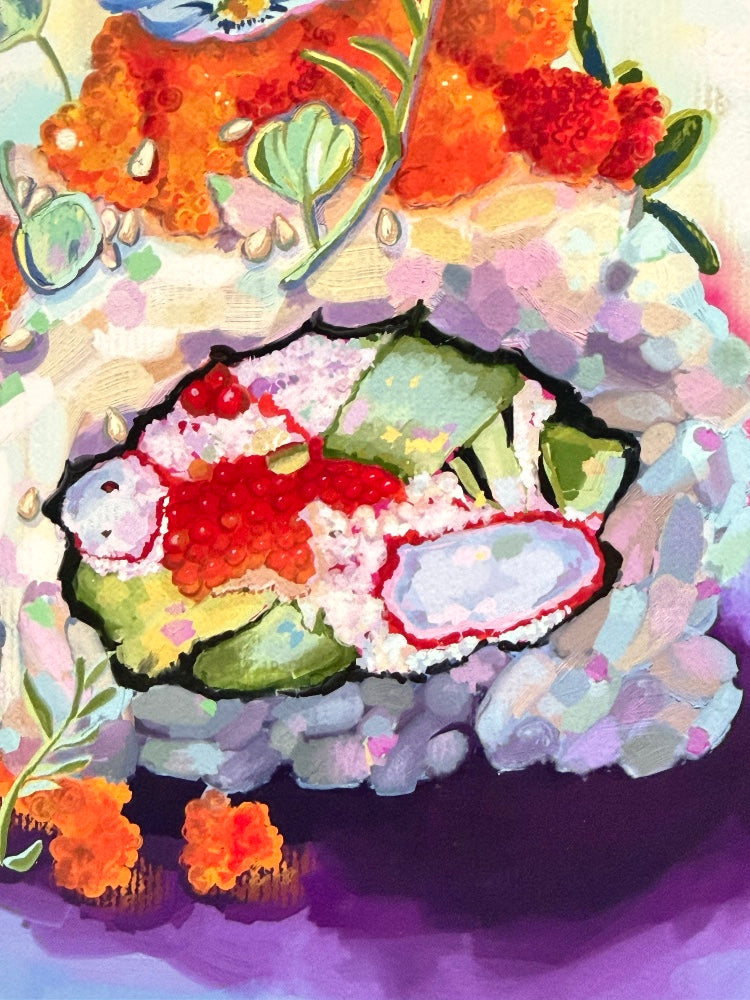 Colorful digital illustration of sushi with various toppings on a textured background