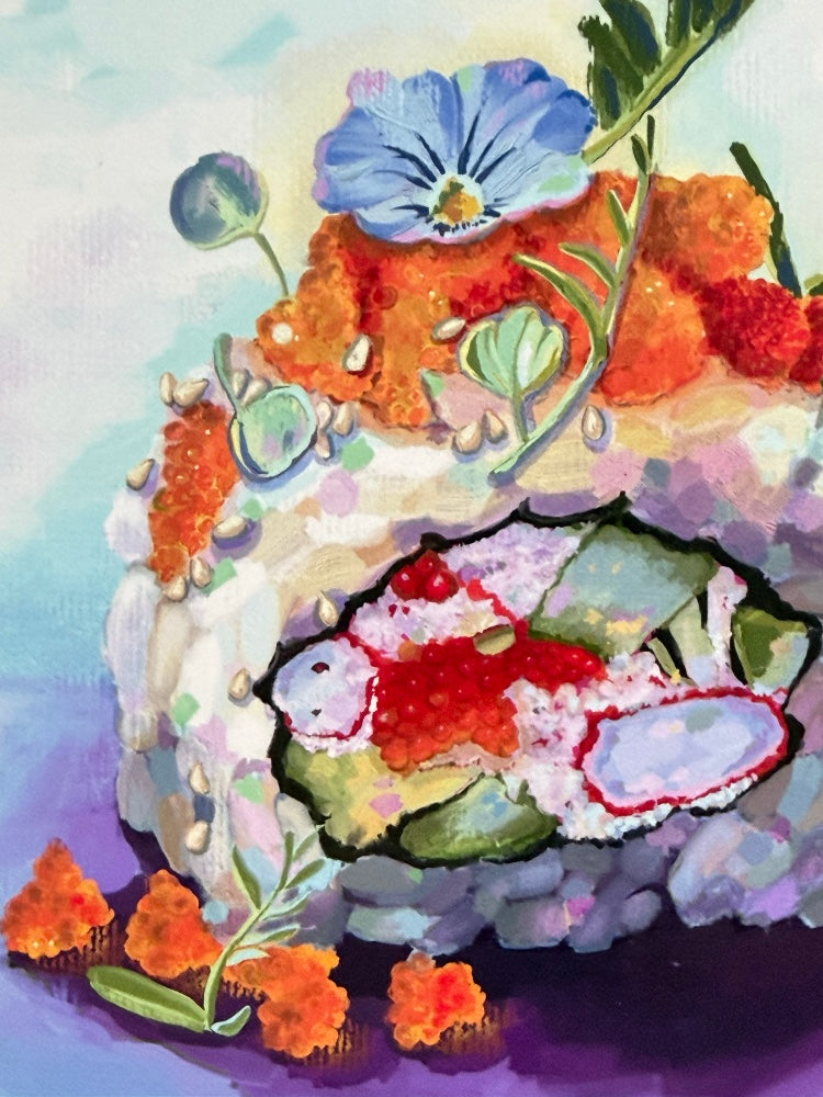 Colorful digital illustration of sushi with flowers and leaves on a colorful pastel background