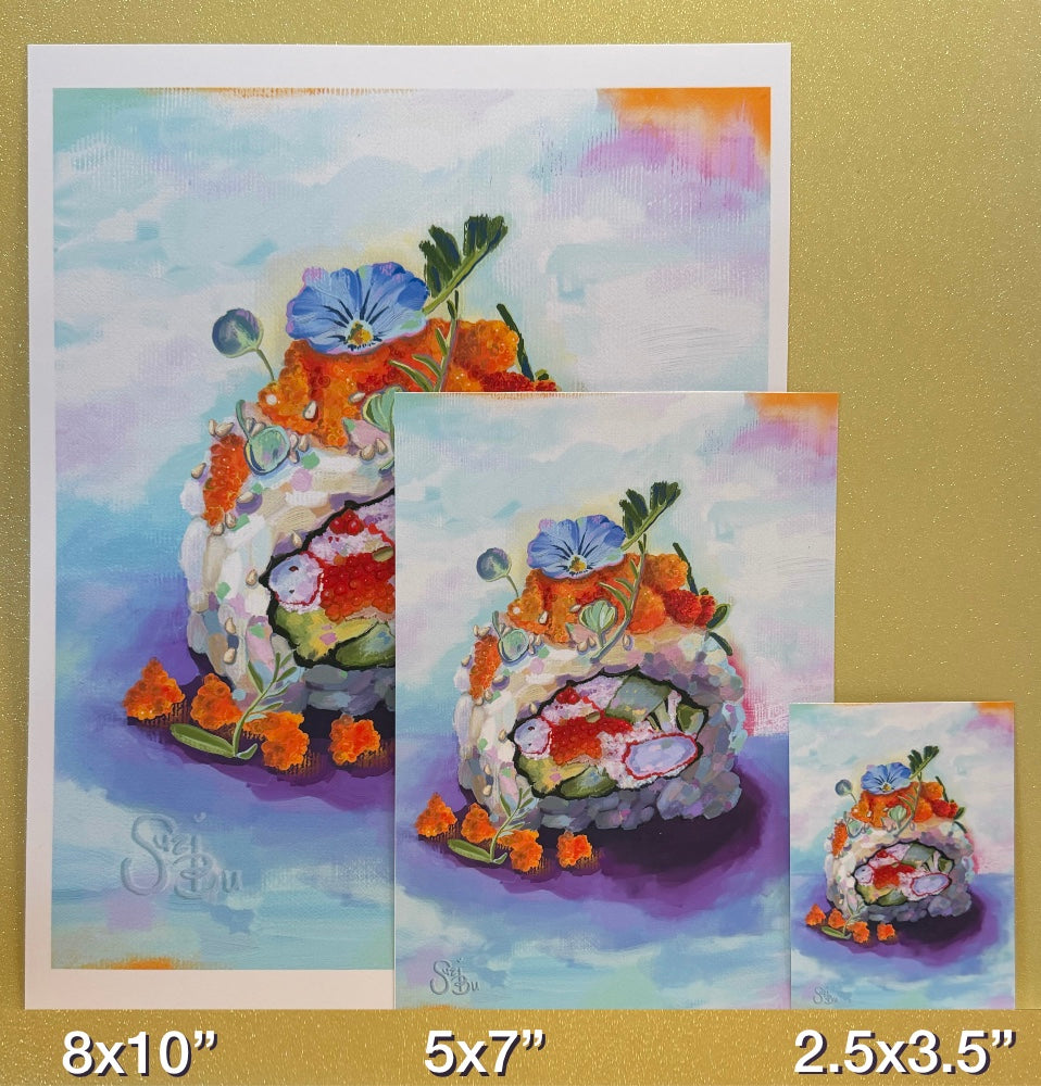 Set of three digital oil paintings of different sizes of a sushi roll with flowers on a gold background.