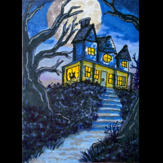 PAINTING of Original Art Haunted House Mixed Media ACEO “Haunted House” by Suzanne Burbank aka SuziBu.Sketches