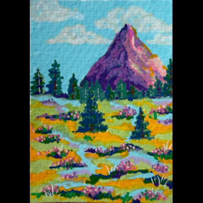 PAINTING of Original Art Mountain Landscape Acrylic ACEO “Mountain and Meadows” by Suzanne Burbank aka SuziBu.Sketches