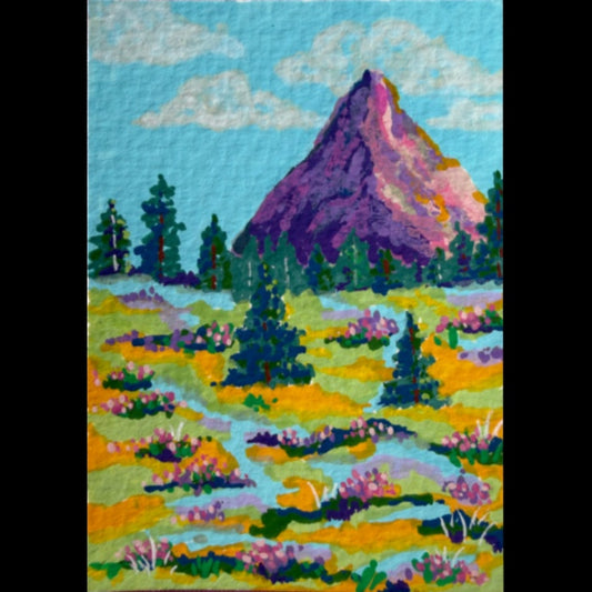 PAINTING of Original Art Mountain Landscape Acrylic ACEO “Mountain and Meadows” by Suzanne Burbank aka SuziBu.Sketches