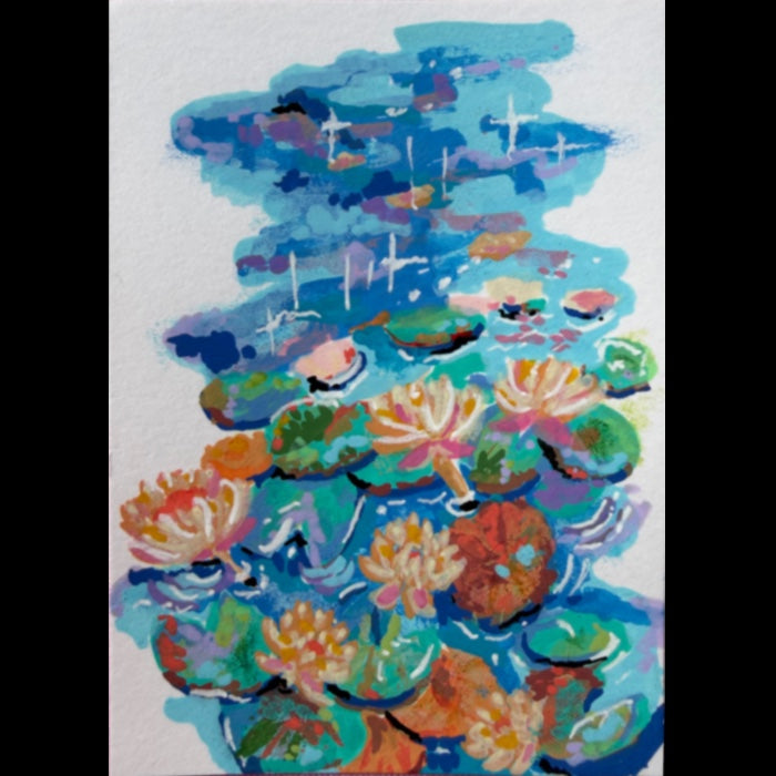PAINTING of Original Art Serene Lily Pad Pond Scene Acrylic ACEO “Lily Pond” by Suzanne Burbank aka SuziBu.Sketches