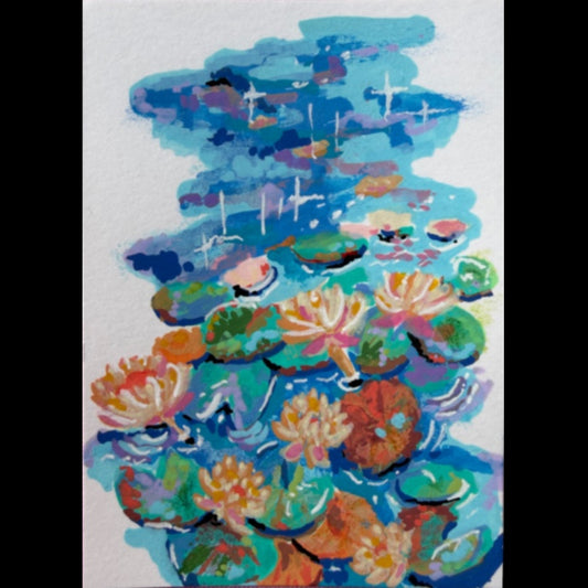 PAINTING of Original Art Serene Lily Pad Pond Scene Acrylic ACEO “Lily Pond” by Suzanne Burbank aka SuziBu.Sketches