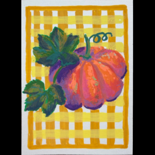 PAINTING of Original Art Gingham Pumpkin Acrylic ACEO “Gingham Pumpkin” by Suzanne Burbank aka SuziBu.Sketches