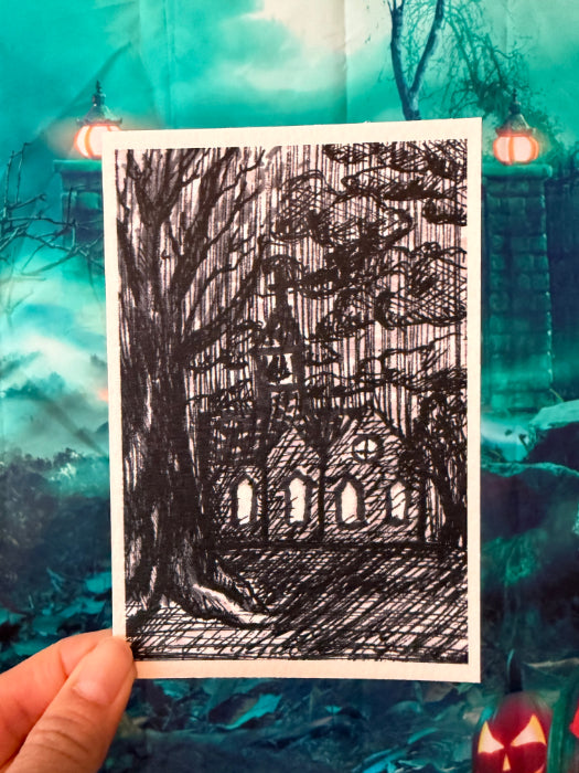 POSTCARD of Creepy Church Halloween Art, Gothic Decor, by Suzanne Burbank aka SuziBu.Sketches