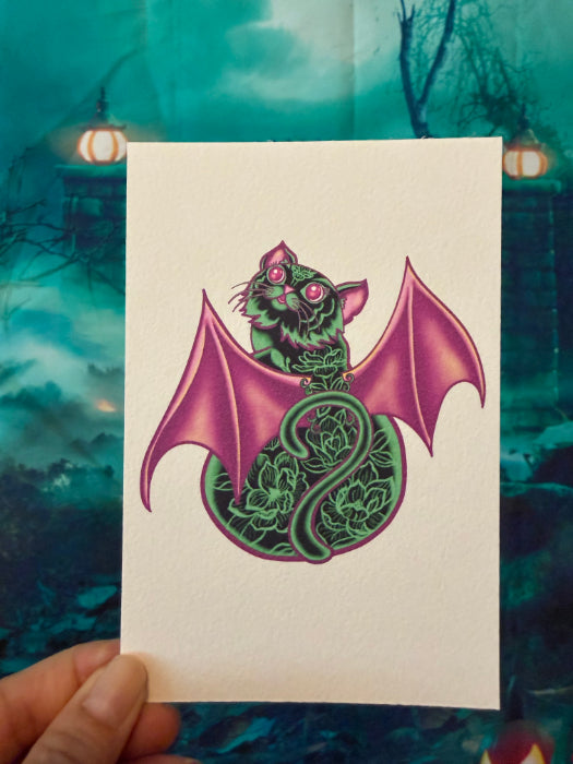 POSTCARD of Cat Bat Halloween Art, Gothic Decor, by Suzanne Burbank aka SuziBu.Sketches