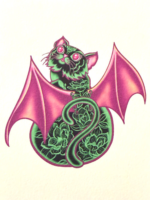 POSTCARD of Cat Bat Halloween Art, Gothic Decor, by Suzanne Burbank aka SuziBu.Sketches