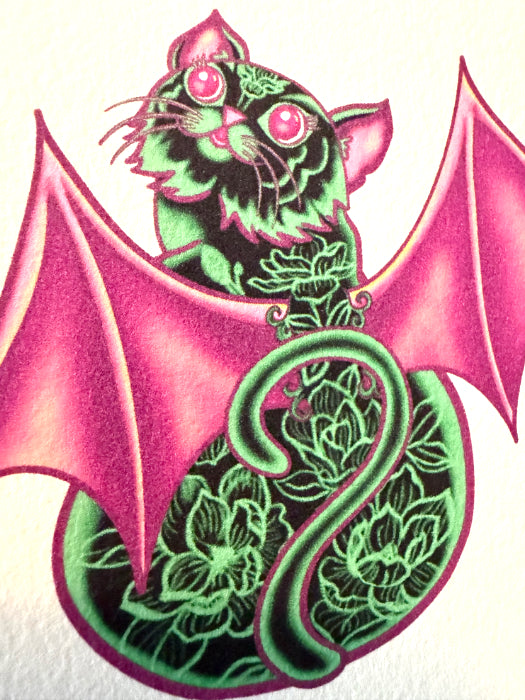 POSTCARD of Cat Bat Halloween Art, Gothic Decor, by Suzanne Burbank aka SuziBu.Sketches