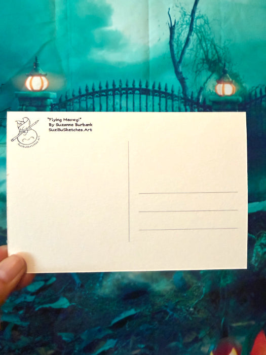 POSTCARD of Cat Bat Halloween Art, Gothic Decor, by Suzanne Burbank aka SuziBu.Sketches