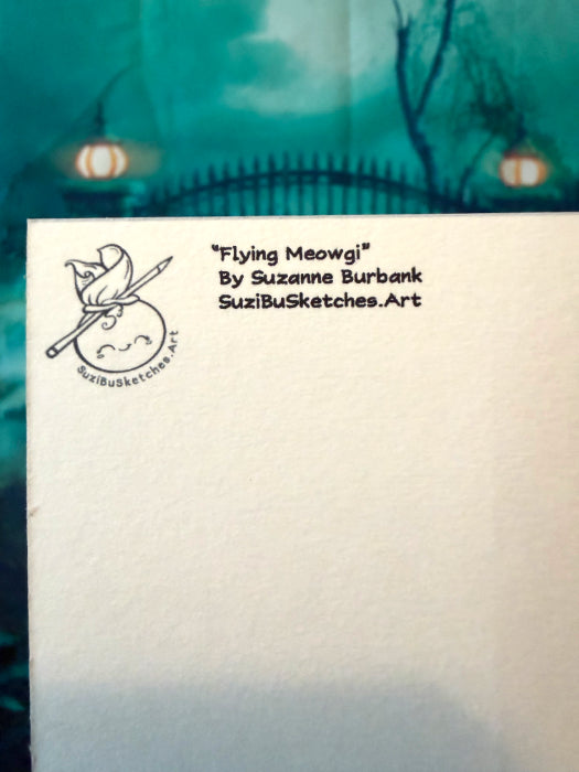 POSTCARD of Cat Bat Halloween Art, Gothic Decor, by Suzanne Burbank aka SuziBu.Sketches