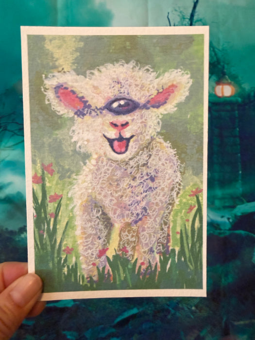 POSTCARD of Halloween Art, Baby Sheep, Lamb Cyclops, Oddity, Curiosity by Suzanne Burbank aka SuziBu.Sketches