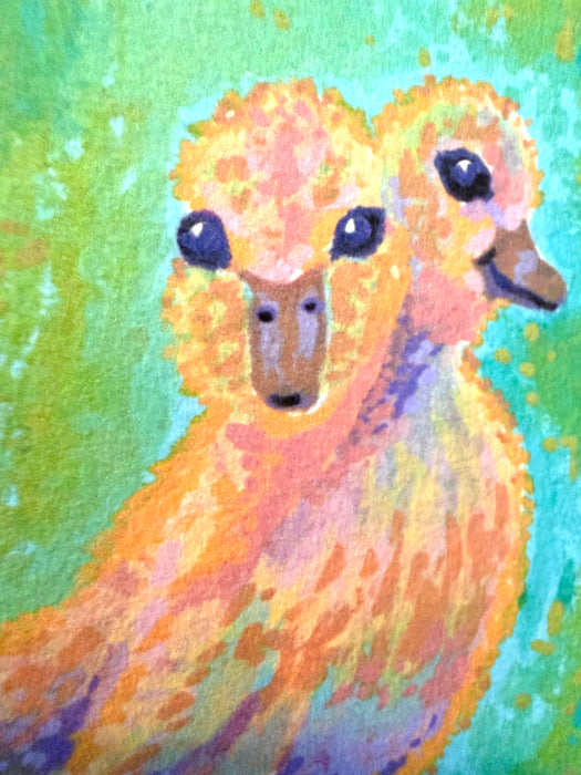 A colorful watercolor painting of two-headed duckling facing forward, rendered in warm orange, yellow, pink, and blue tones against a textured green and turquoise background.