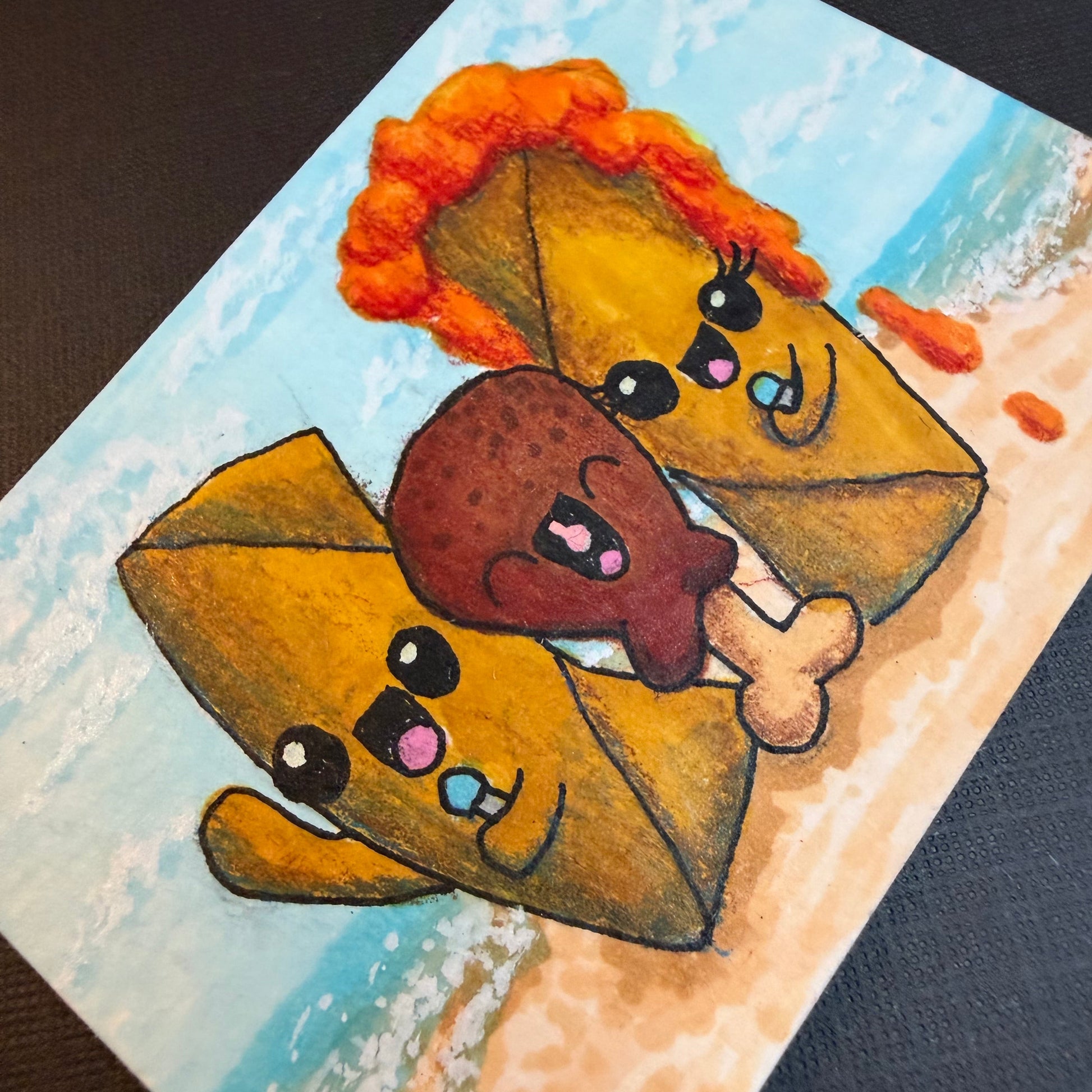 Close-up of a cartoon-style Filipino lumpia and chicken adobo karaoke singing on the beach. ACEO by Suzanne Burbank | SuziBu.Sketches