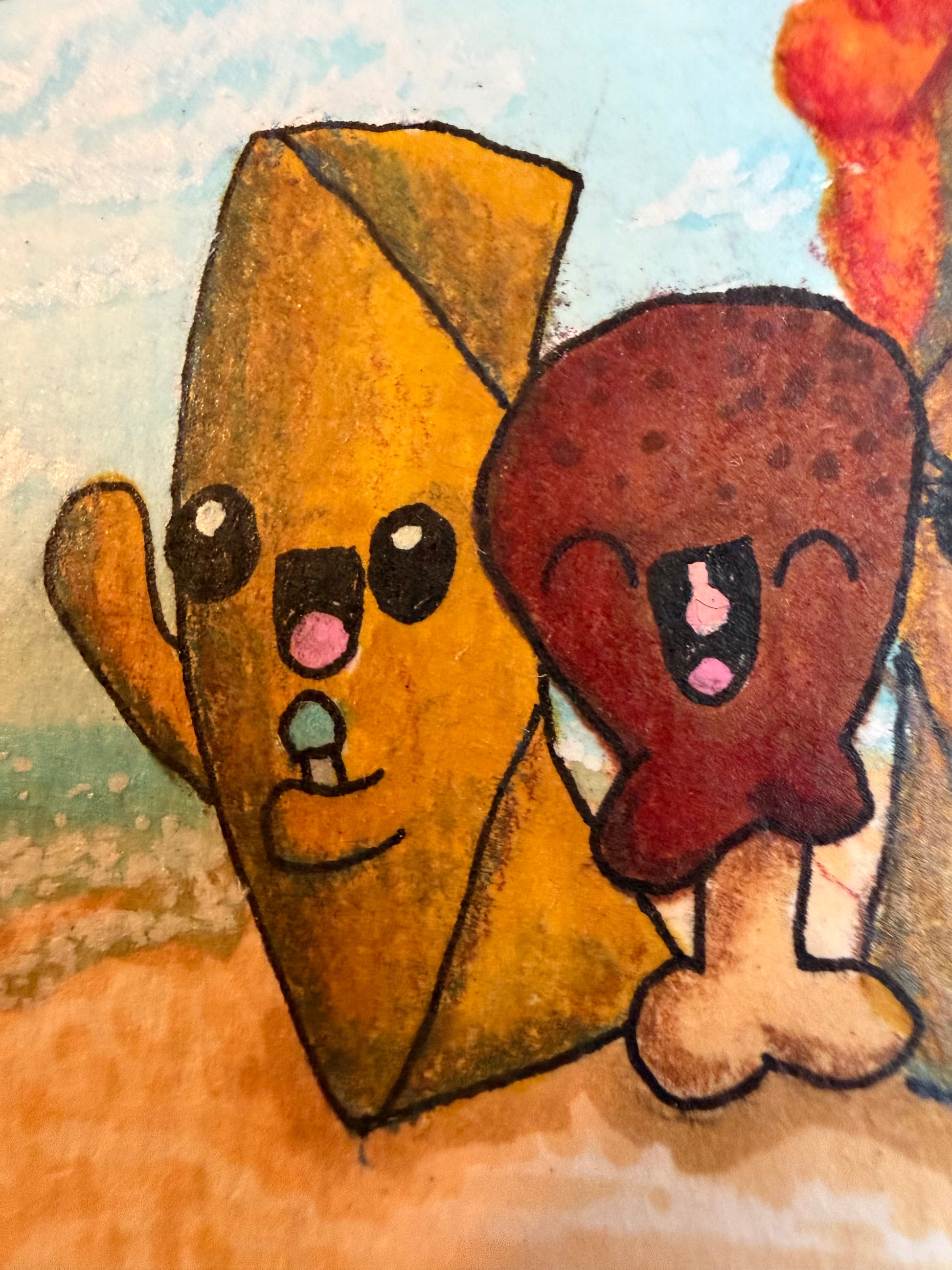 Close-up of cartoon-style Filipino lumpia and chicken adobo karaoke singing on the beach. ACEO by Suzanne Burbank | SuziBu.Sketches