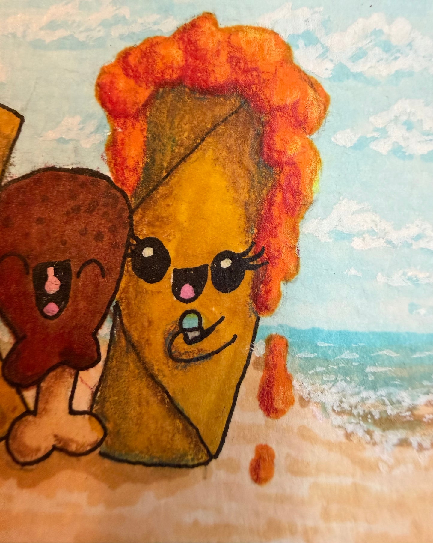 Close-up of cartoon-style Filipino lumpia and chicken adobo karaoke singing on the beach. ACEO by Suzanne Burbank | SuziBu.Sketches