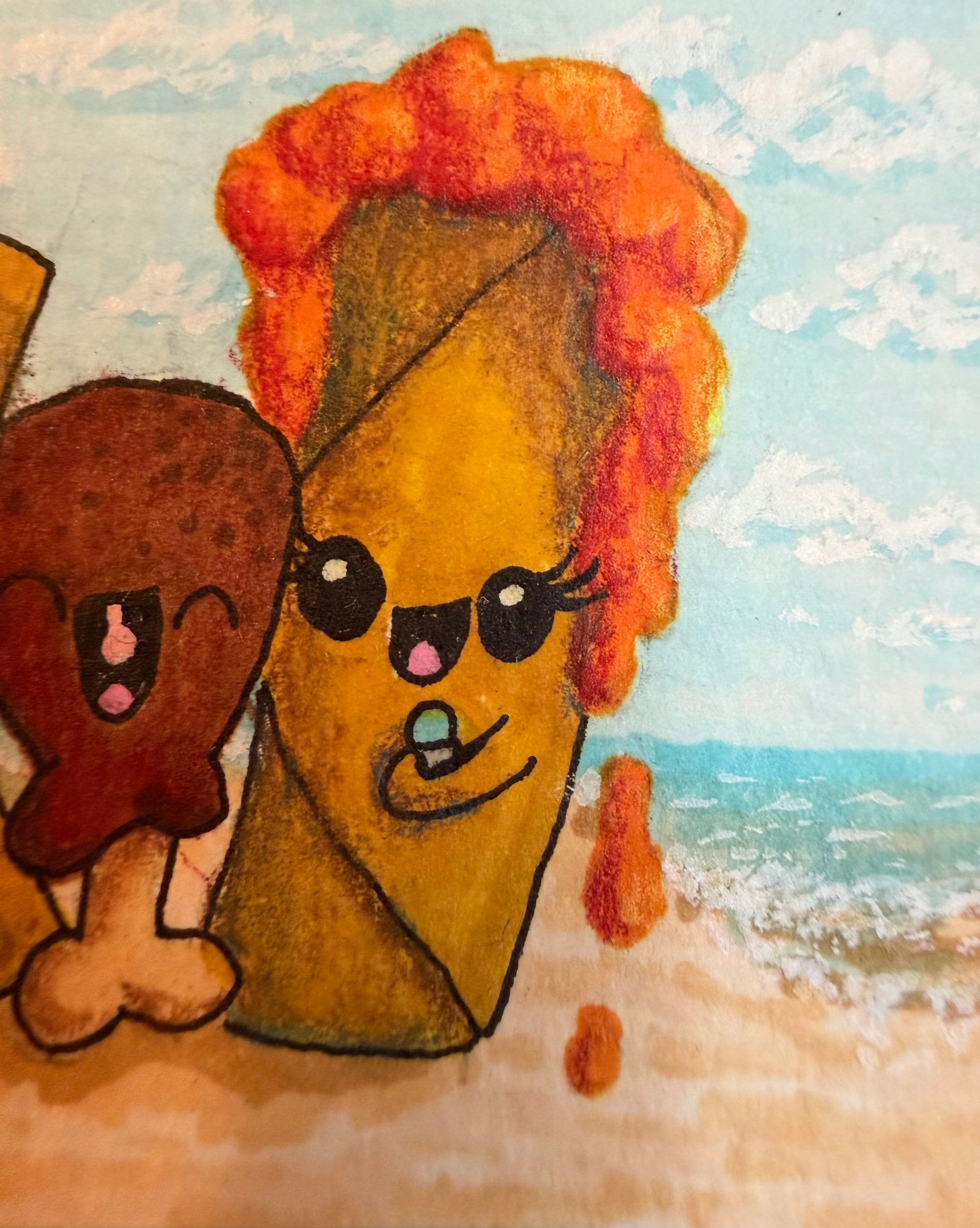 Close-up of cartoon-style Filipino lumpia and chicken adobo karaoke singing on the beach. ACEO by Suzanne Burbank | SuziBu.Sketches