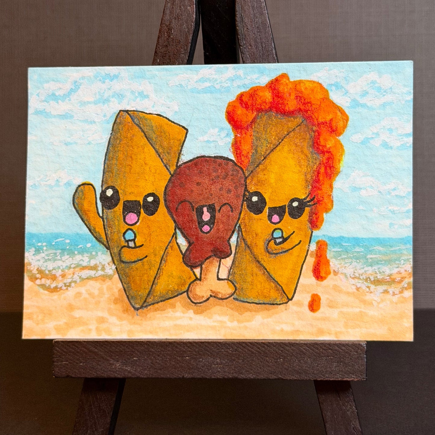 Cartoon-style Filipino lumpia and chicken adobo karaoke singing on the beach. ACEO by Suzanne Burbank | SuziBu.Sketches