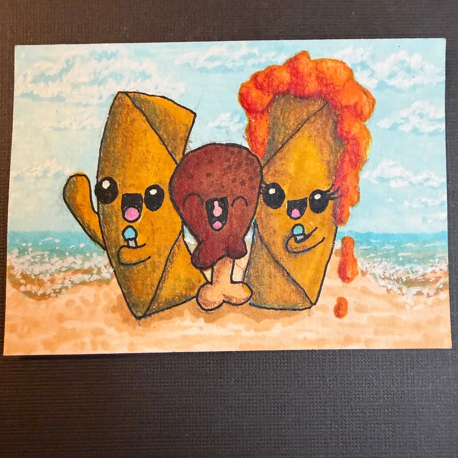 Cartoon-style Filipino lumpia and chicken adobo karaoke singing on the beach. ACEO by Suzanne Burbank | SuziBu.Sketches
