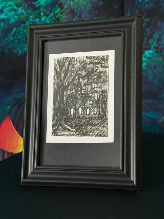 PAINTING of Original Art Halloween Gothic Church Ink ACEO by Suzanne Burbank aka SuziBu.Sketches