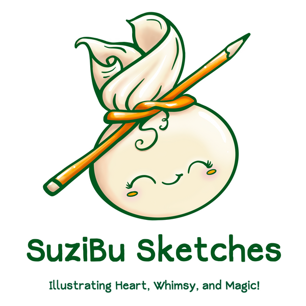 Logo of SuziBu Sketches with a pencil wrapping around a money bag dumpling on a white background